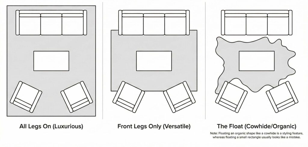 diagram showing three living room layout for rugs by Shine Rugs