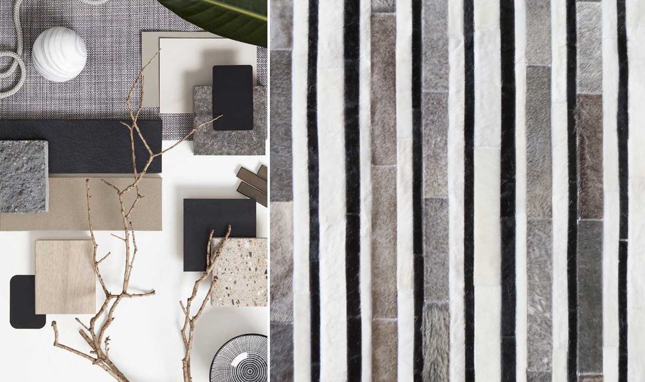 Stripes Rug in Gray Black and White natural cowhide with a moodboard in gray tones