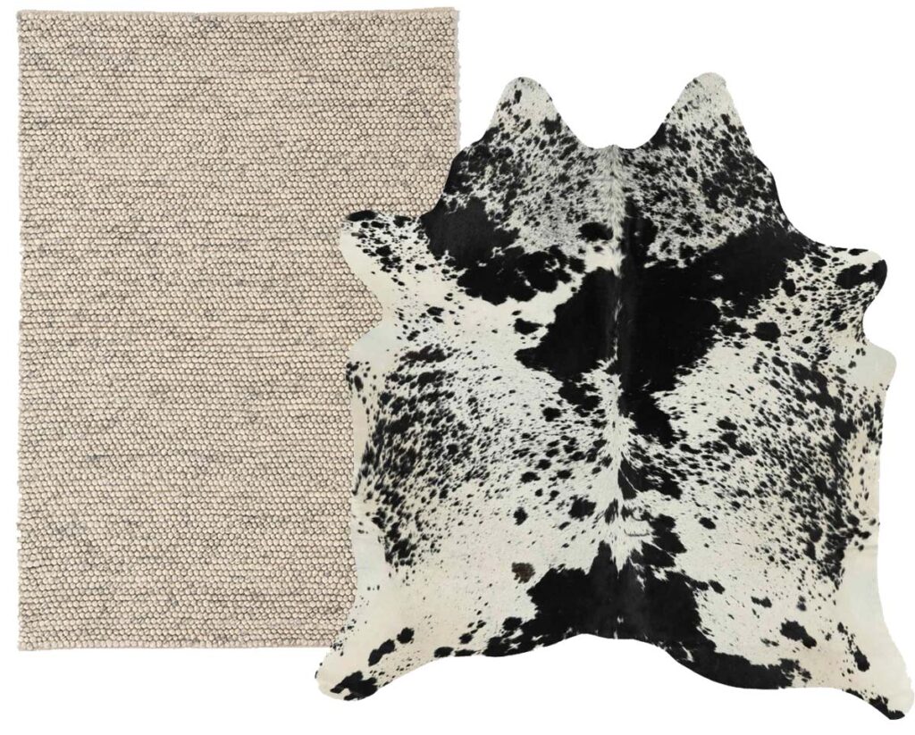 Natural fiber rug paired with a salt and pepper cowhide rug