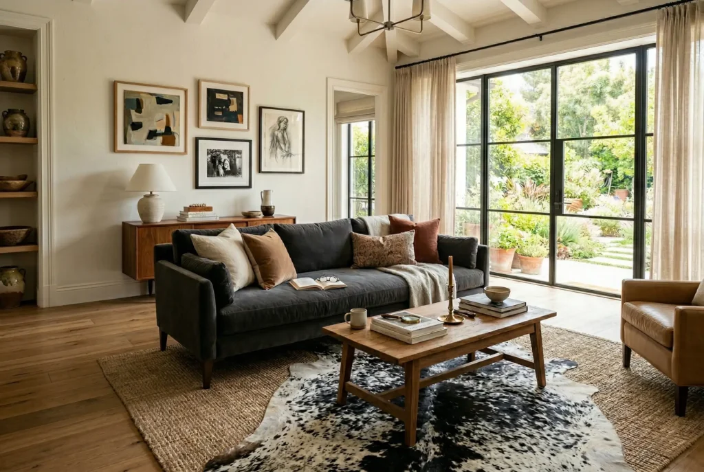 Black and white cowhide rug layered over a natural jute rug in a modern living room with neutral tones and wooden furniture