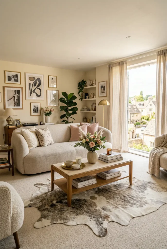 Tricolor cowhide rug placed on carpet in a bright living room adding contrast and texture