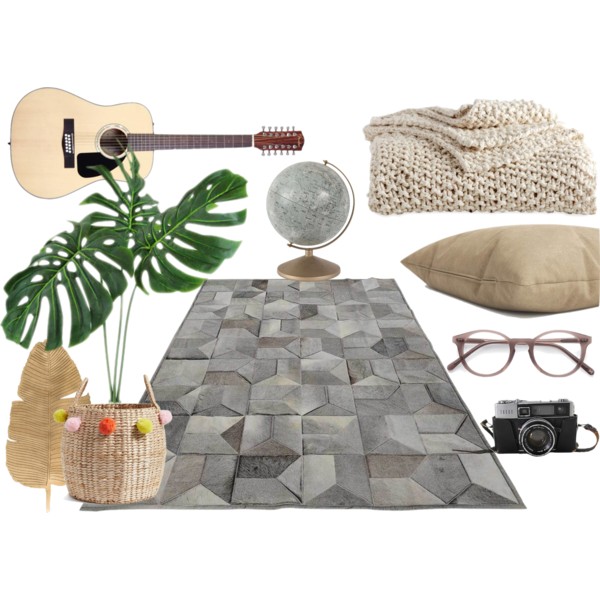 Set of boho vintage items together with Envelope Taupe Cowhide rug by Shine Rugs