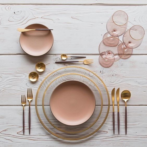 dinnerware in blush and gold