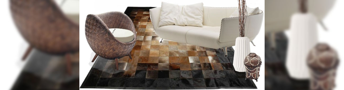 Beige, Brown and Black Leather Area Rug Squares Design in African style decor