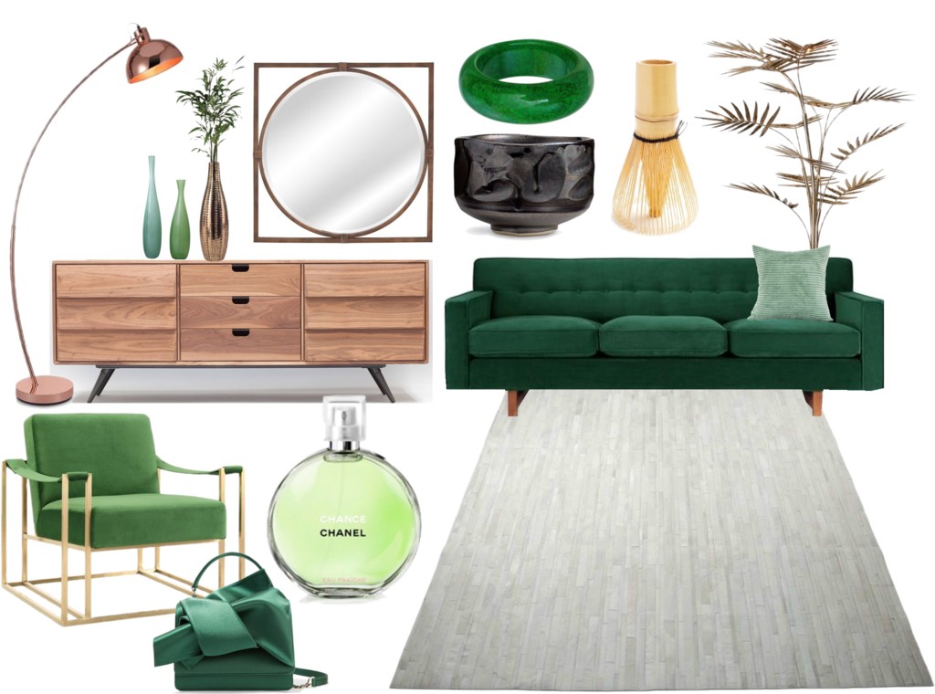Matcha Tea Latte style decor, green couch, Chanel perfume, designer furniture