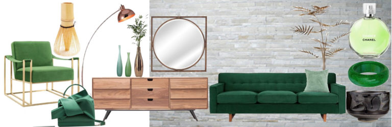 Matcha Tea Latte style decor, green couch, Chanel perfume, designer furniture and a striped patchwork rug