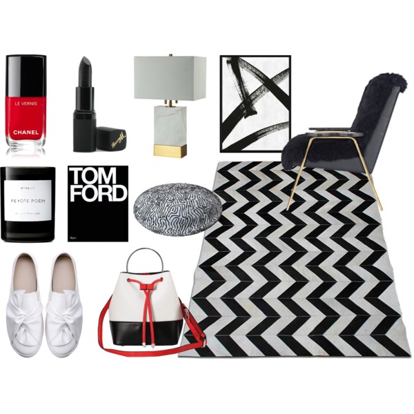 black and white interior decor design items, cowhide chevron rug, tom ford book, nail polish, chanel, hand bag, loafers