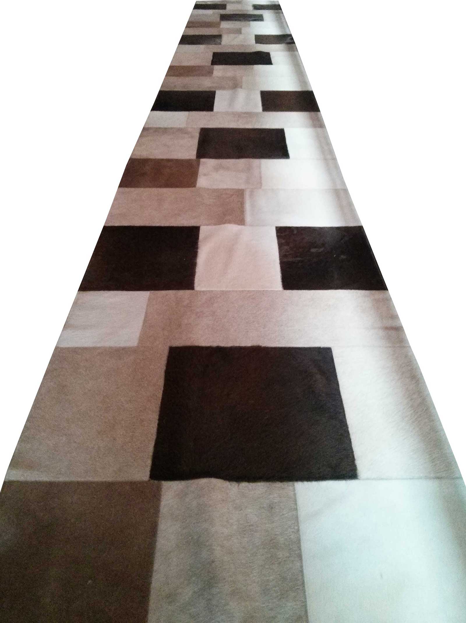 Custom Patchwork Cowhide Runner entirely handmade at Shine Rug's factory