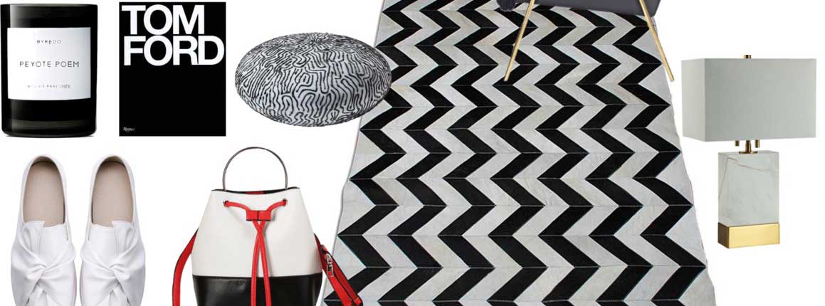 style with a black and white chevron patchwork cowhide rug