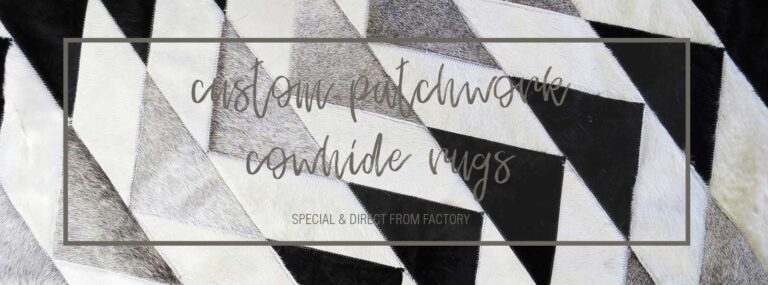 Custom patchwork cowhide rug in triangles and parallelograms in white, black and gray