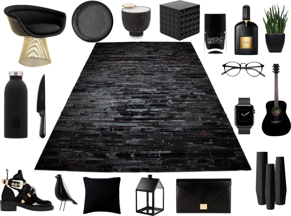 Black on Black on Black decor with a Pure Black Stripes Patchwork Cowhide rug by Shine Rugs