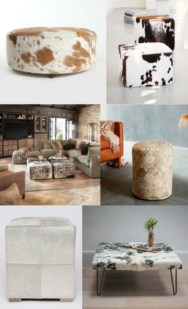 cowhide upholstered ottomans by Shine Rugs
