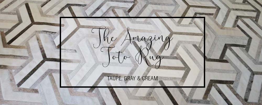 The Amazing Toto Patchwork Cowhide Rug in taupe, gray and cream hides