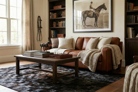 219-black-and-brown-patchwork-cowhide-rug-in-ralph-lauren-home Ralph Lauren styled living room featuring a cowhide are rug in black to beige gradient and leather sofa