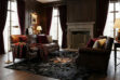Ralph Lauren styled living room featuring a cowhide are rug in black to beige gradient, heavy curtains and leather sofas