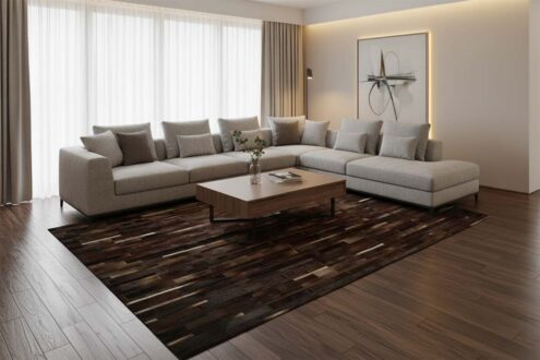 223 Chocolate Brown Cowhide Rug in Stripes in modern living room with LED lighting and soft tones. Chocolate Brown Cowhide Rug in Stripes in modern living room with LED lighting and soft tones.