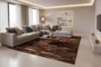 Iridescent Brown Cowhide Rug in Stripes in a modern and well lit, spacious living room in gray and beige toned decor