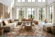 A large beige cube patchwork cowhide rug centered in a luxurious, sunlit modern western living room, styled beneath a stone coffee table and a tan sectional sofa.