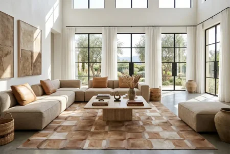 Beige-Cube-Patchwork-Cowhide-Rug-Modern-Western-Living-Room A large beige cube patchwork cowhide rug centered in a luxurious, sunlit modern western living room, styled beneath a stone coffee table and a tan sectional sofa.