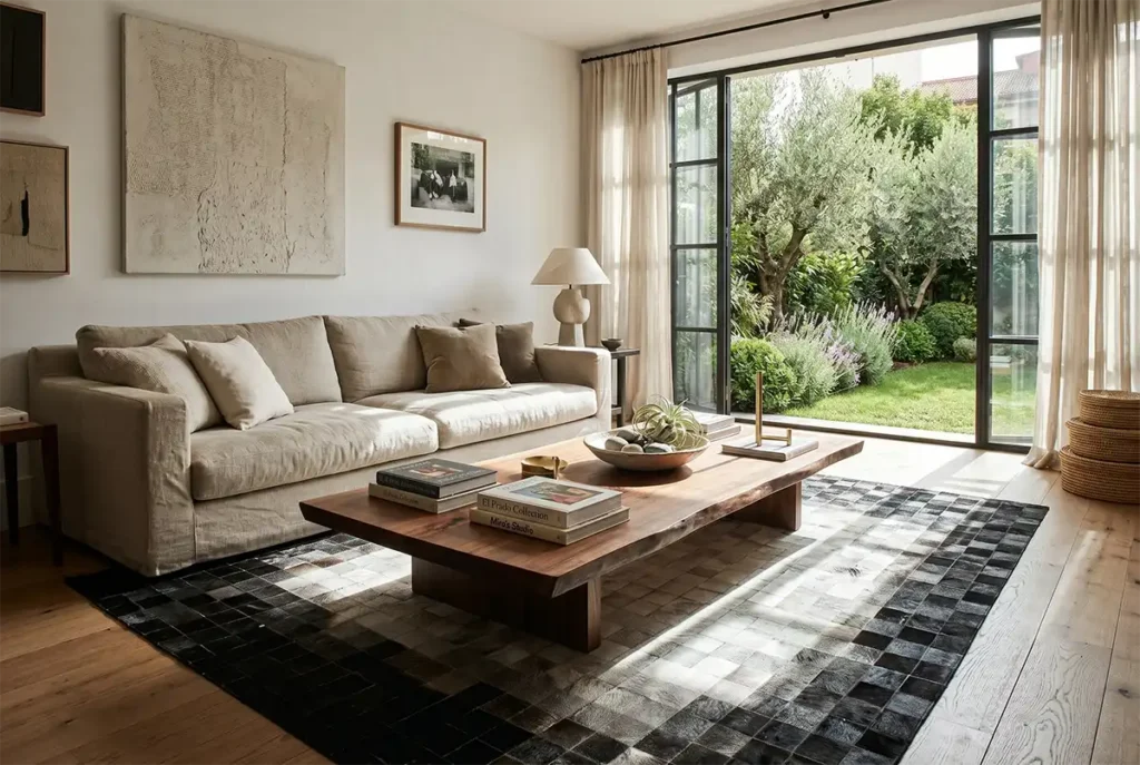 A modern luxury living room featuring a large black and white gradient patchwork cowhide rug, centered under a solid wood coffee table and a beige linen sofa, with bright natural sunlight streaming from large garden windows.