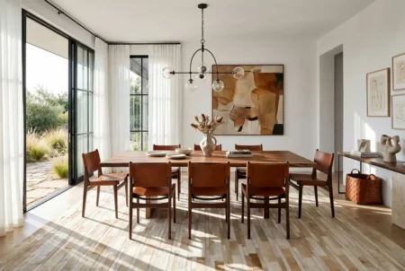 Custom Beige Striped Patchwork Cowhide Rug in Modern Ranch Dining Room A bright, modern ranch-style dining room featuring a large, custom-made beige striped patchwork cowhide rug. The textured rug sits beneath a warm wood dining table and leather chairs. Sunlight streams through large floor-to-ceiling windows, casting shadows across the rug and illuminating abstract art on the white walls.
