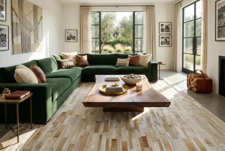 Luxurious Beige Striped Cowhide Area Rug in a Modern Ranch Living Room A brightly lit, high-end living room designed in a modern ranch style, prominently featuring a large beige striped cowhide area rug. The textured rug sits beneath a solid live-edge wooden coffee table and a spacious dark green velvet sectional sofa. Warm sunlight streams through large floor-to-ceiling glass doors in the background, revealing a lush garden.