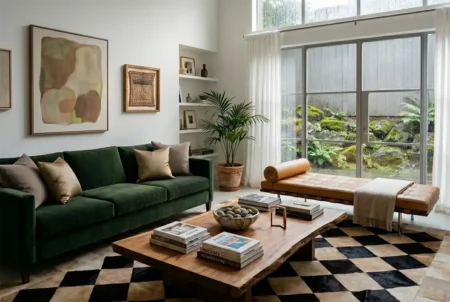 beige-queen-patchwork-cowhide-rug-modern-living-room The Beige Queen Patchwork cowhide rug in beige and black, anchoring a luxurious modern living room with a green velvet sofa, tan leather chaise lounge, and a live-edge wood coffee table.