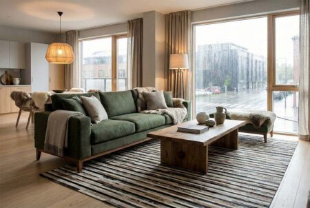 Scandinavian-Living-Room-Striped-Cowhide-Rug-Green-Sofa 228 Modern open-plan Scandinavian living room featuring a large beige, black, and white striped patchwork cowhide rug. The room includes a heavy-cotton moss green sofa, a rustic wooden coffee table, a floor lamp, and a dining area with a ceiling pendant, all set against floor-to-ceiling windows showing a rainy city view.