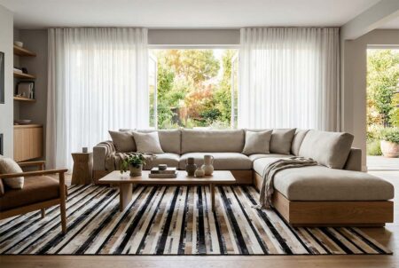 228 Scandinavian Living Room with Striped Patchwork Cowhide Rug Sophisticated Scandinavian living room featuring a large beige, black, and white striped patchwork cowhide rug under a heavy cotton sectional sofa with a wooden base, illuminated by natural light from open windows.