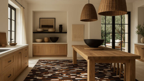 White, brown and black patchwork cowhide rug in stripes, in soft kitchen