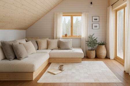 234 Patchwork cowhide rug in white squares, with scandi decor Patchwork cowhide rug in white squares, with scandi decor