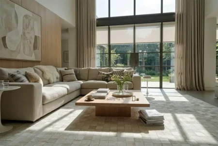 bright-scandinavian-living-room-white-cowhide-rug-in-squares Spacious Scandinavian-style living room with high ceilings, large floor-to-ceiling windows revealing a green garden, and a warm wood-paneled wall displaying abstract art. A large beige sectional sofa with varied textured pillows and a minimal carved wood coffee table sit atop a detailed white patchwork cowhide rug. Bright natural sunlight streams through the windows, casting defined architectural shadows across the floor.