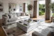 Brindle gray square patchwork cowhide rug by Shine Rugs styled in a modern, luxury living room with a linen sofa and marble coffee table.