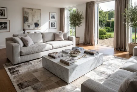brindle-gray-square-patchwork-cowhide-rug-modern-living-room Brindle gray square patchwork cowhide rug by Shine Rugs styled in a modern, luxury living room with a linen sofa and marble coffee table.