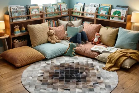round-gray-and-brown-squares-cowhide-rug-kids-reading-nook Cozy kids reading nook featuring the Round Gray and Brown Squares Cowhide Rug on a wood floor, surrounded by large colorful floor cushions, low bookshelves, and plush toys.