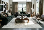 White Classic Squares Patchwork Cowhide Rug anchoring a curated living room in a luxury Los Angeles home. This genuine, hand-stitched cowhide rug features a precise geometric mosaic of white natural hide squares, offering a modern, textured foundation for upscale interiors in Southern California and beyond.