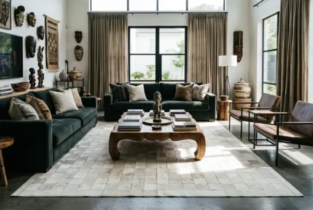 white-cowhide-rug-african-decor-green-velvet-sofas White Classic Squares Patchwork Cowhide Rug anchoring a curated living room in a luxury Los Angeles home. This genuine, hand-stitched cowhide rug features a precise geometric mosaic of white natural hide squares, offering a modern, textured foundation for upscale interiors in Southern California and beyond.