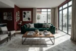 White Classic Squares Patchwork Cowhide Rug styling in a luxurious modern open-plan living room in Texas. High-end interior design featuring natural sunlight, a velvet sofa, and African wall art.