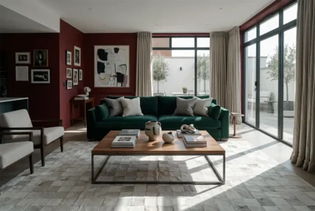 white-squares-cowhide-area-rug-green-sofa-bulls-blood-walls White Classic Squares Patchwork Cowhide Rug styling in a luxurious modern open-plan living room in Texas. High-end interior design featuring natural sunlight, a velvet sofa, and African wall art.