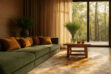 Soft light Living Room with green couch and gradient patchwork cowhide rug