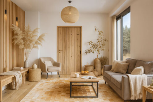 247 Gradient Beige Cowhide Rug Pinterest Style Living Room in beige tones with gradient patchwork cowhide rug