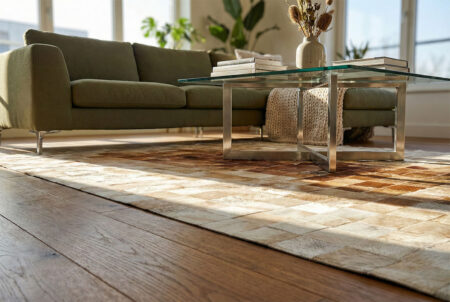 247-soft-light-living-room-olive-green-sofa-gradient-squares-patchwork-cowhide-rug soft light in a living room with an olive green sofa and a gradient patchwork cowhide rug in squares