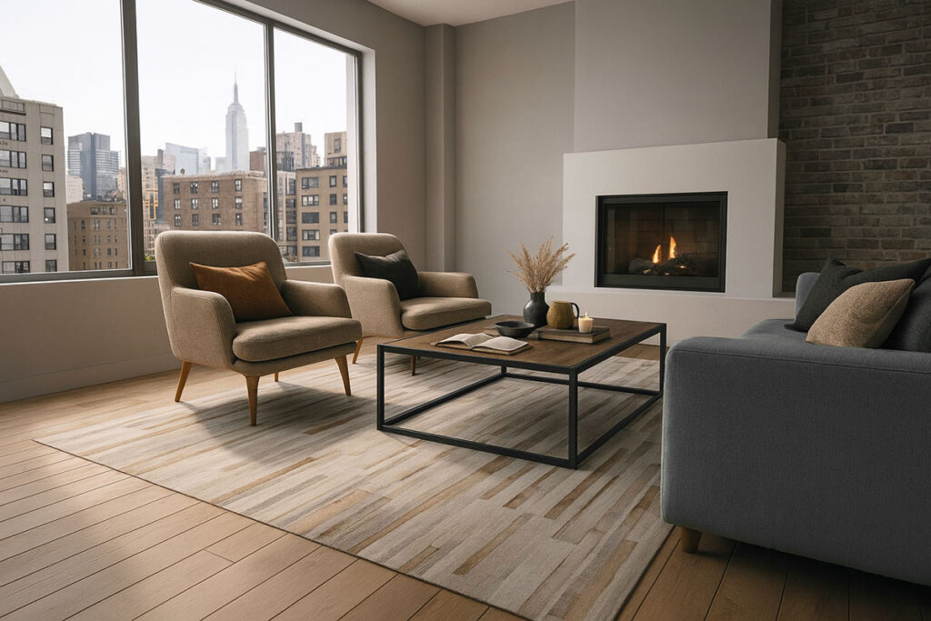 Stripes Taupe Patchwork Cowhide Rug in city apartment