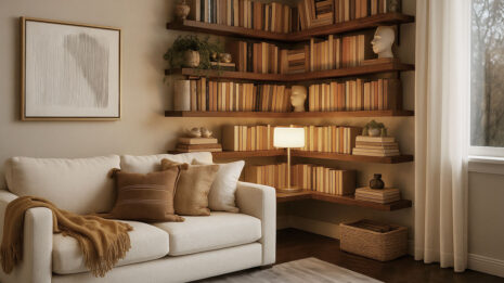 Gray and white area cowhide rug in stripes in a cozy living room