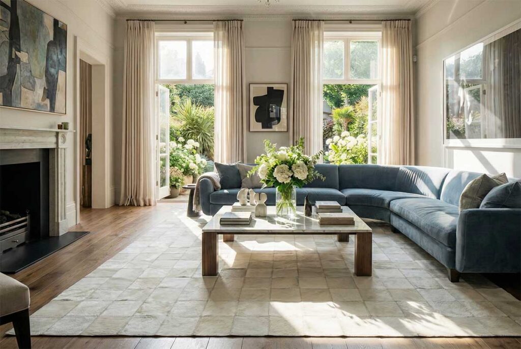 White squares patchwork cowhide rug in elegant living room with blue sofa and natural light, London style