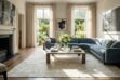 White squares patchwork cowhide rug in elegant living room with blue sofa and natural light, London style