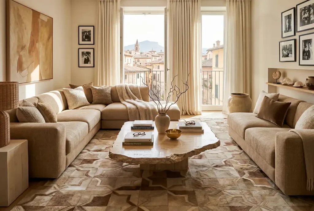 A large Beige Moorish Star Patchwork cowhide rug anchors a bright, luxuriously styled living room. The intricate geometric beige and brown rug sits beneath a raw stone coffee table, flanked by a modern beige sectional sofa and a textured brown chaise lounge, with tall windows revealing a historic town backdrop in the background.
