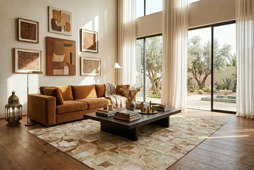 A large Beige Moorish Star Patchwork cowhide rug resting on a hardwood floor in a luxurious, sunlit modern Moroccan living room, styled with a brown velvet sofa, a dark wood coffee table, and large floor-to-ceiling windows.