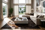 Large brown square patchwork cowhide rug anchoring a bright, luxurious modern living room with a marble coffee table and natural light.