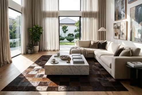 Large brown square patchwork cowhide rug anchoring a bright, luxurious modern living room with a marble coffee table and natural light.